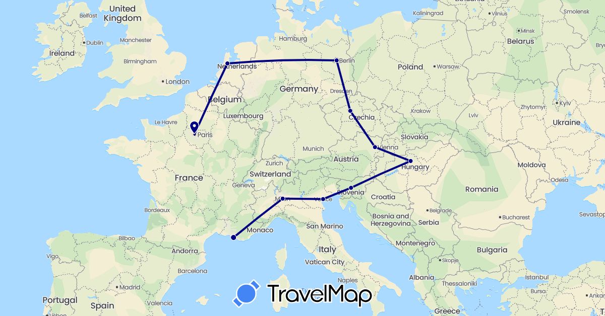 TravelMap itinerary: driving in Austria, Czech Republic, Germany, France, Hungary, Italy, Netherlands, Slovenia (Europe)